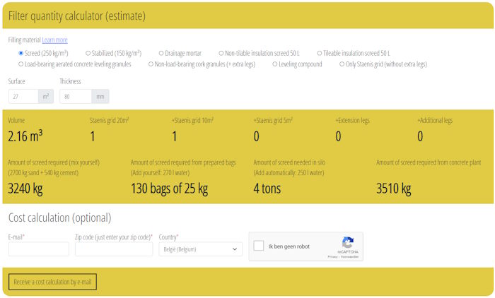 Calculator for screed, leveling compound, stabilized or drainage mortar and the number of bags for insulation screed or leveling and aerated concrete granules.