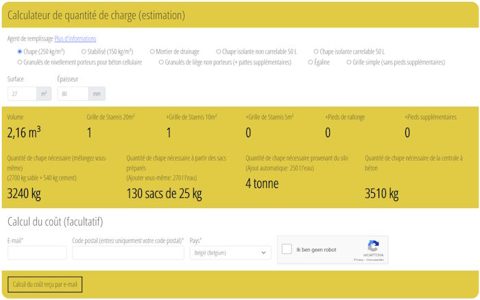 Calculateur de chape, égaline, mortier stabilisé ou drainant et du nombre de sacs pour chape isolante ou égalisation et granulés de béton cellulaire.