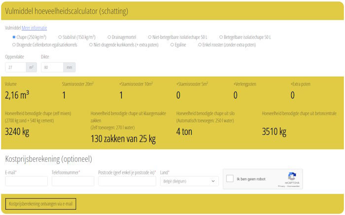 Calculator voor zandcement, egaline, stabilisé of drainagemortel en het aantal zakken voor isolatiemortel of egalisatie- en cellenbetonkorrels.