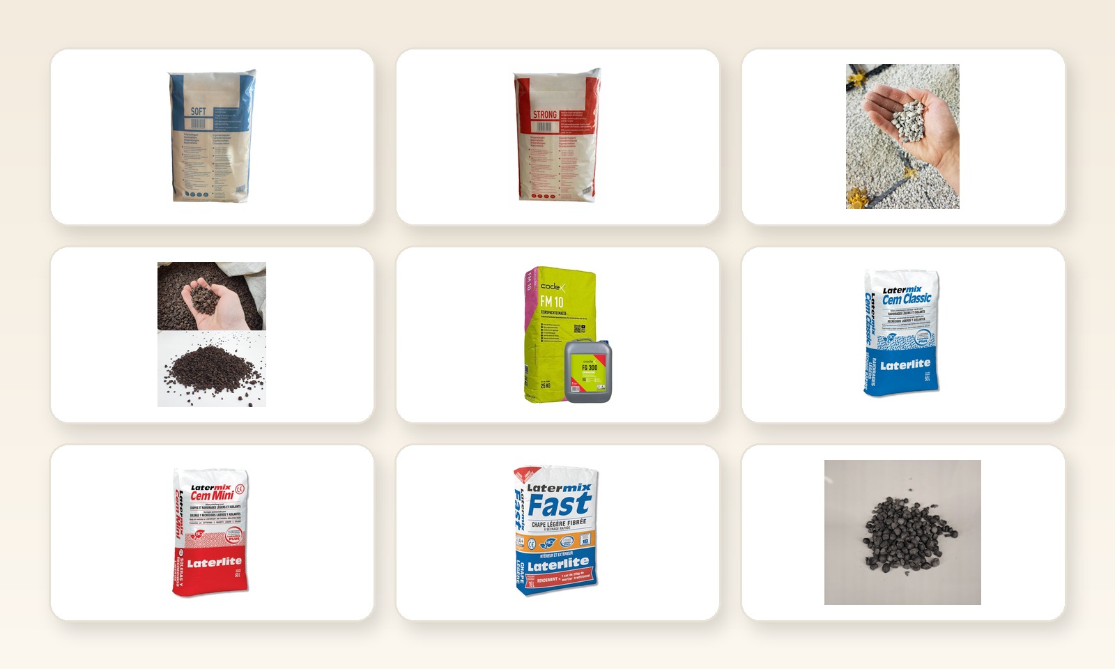 Overzicht van negen zakgoed producten voor vloeropbouw